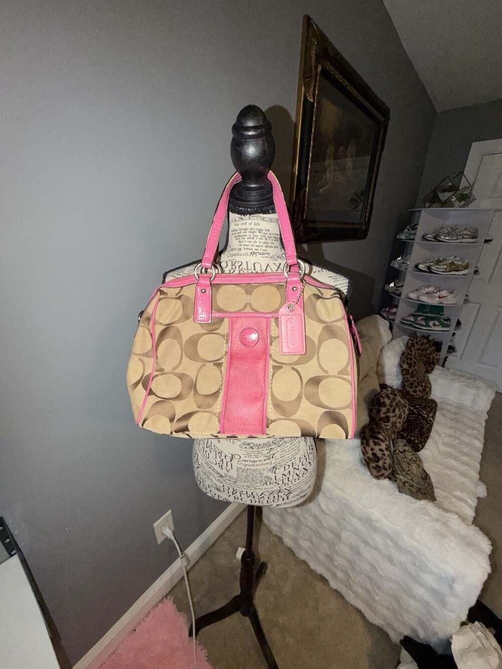 Coach Signature Khaki and Pink Satchel Handbag